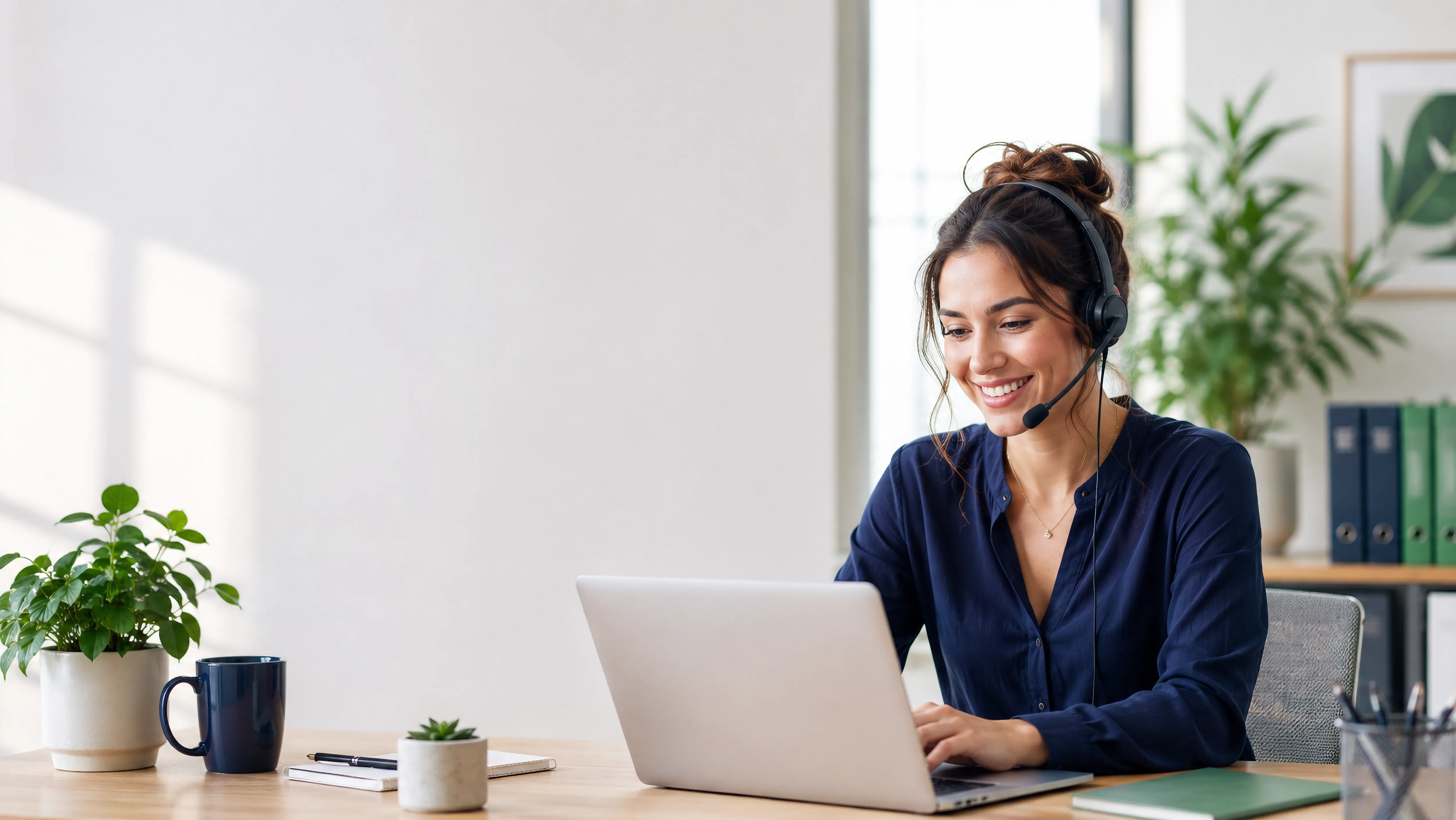 Empfangsmitarbeiterin mit Headset arbeitet entspannt am Laptop — robopult fängt parallele Anrufe auf, ohne dass jemand das Telefon im Auge behalten muss